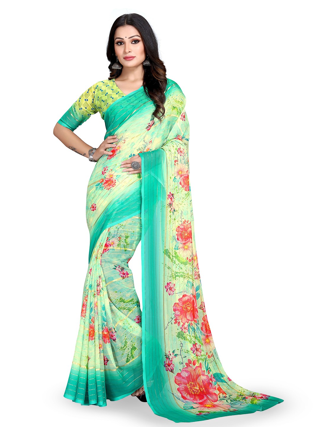

Mitera Cream & Teal Floral Poly Georgette Bagh Saree
