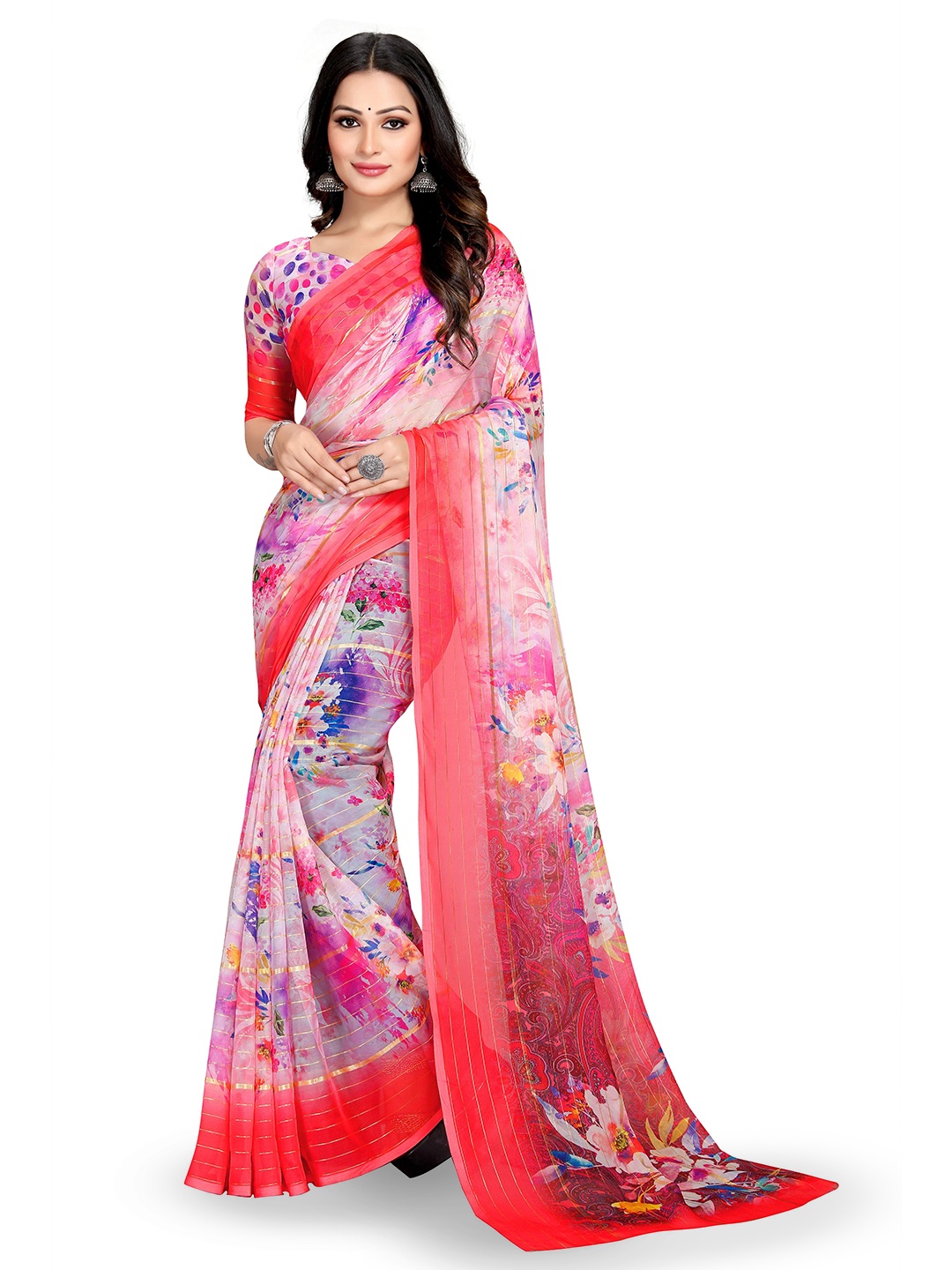

Mitera Red & Blue Floral Printed Bagh Saree