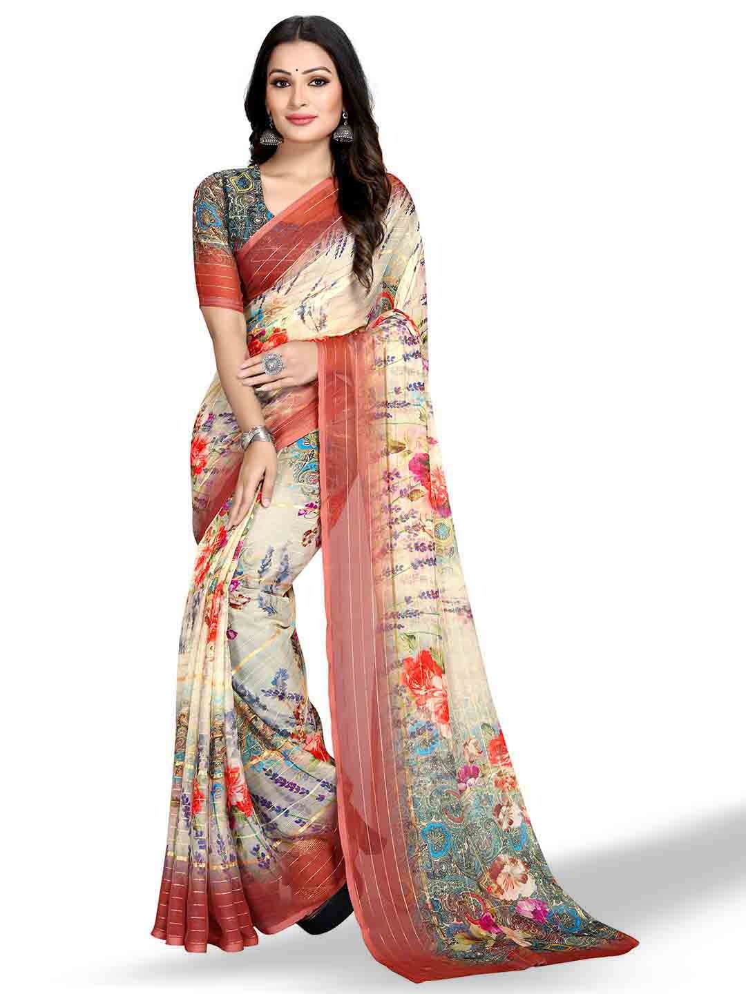 

Mitera Cream-Coloured & Grey Floral Printed Zari Bagh Saree