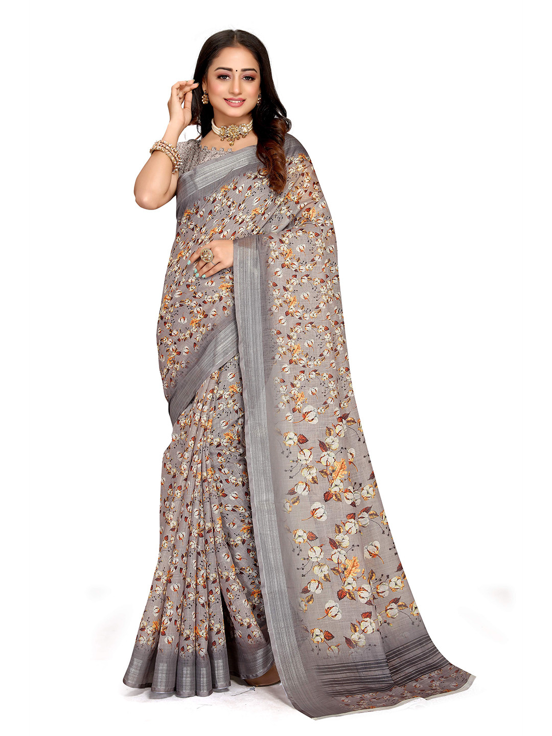 

Mitera Grey & white Floral Printed Zari Bagh Saree