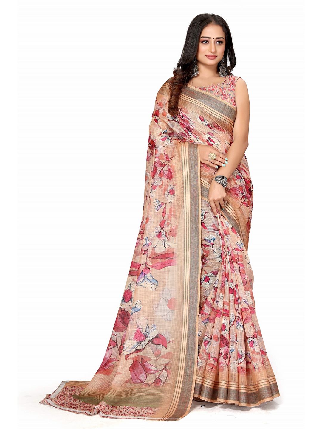

Mitera Peach-Coloured & Red Floral Printed Bagh Saree