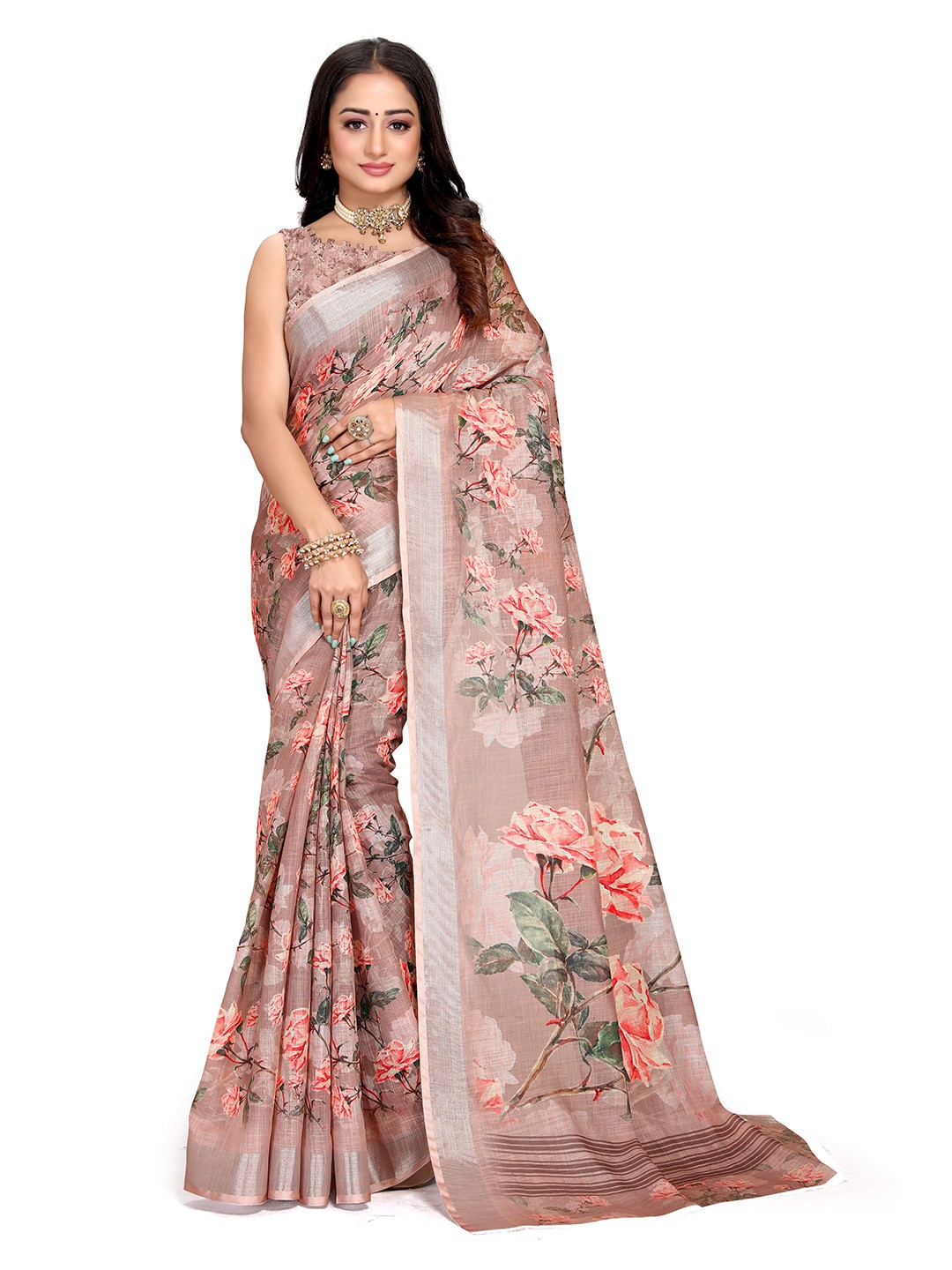 

Mitera Peach-Coloured & Pink Floral Printed Zari Bagh Saree