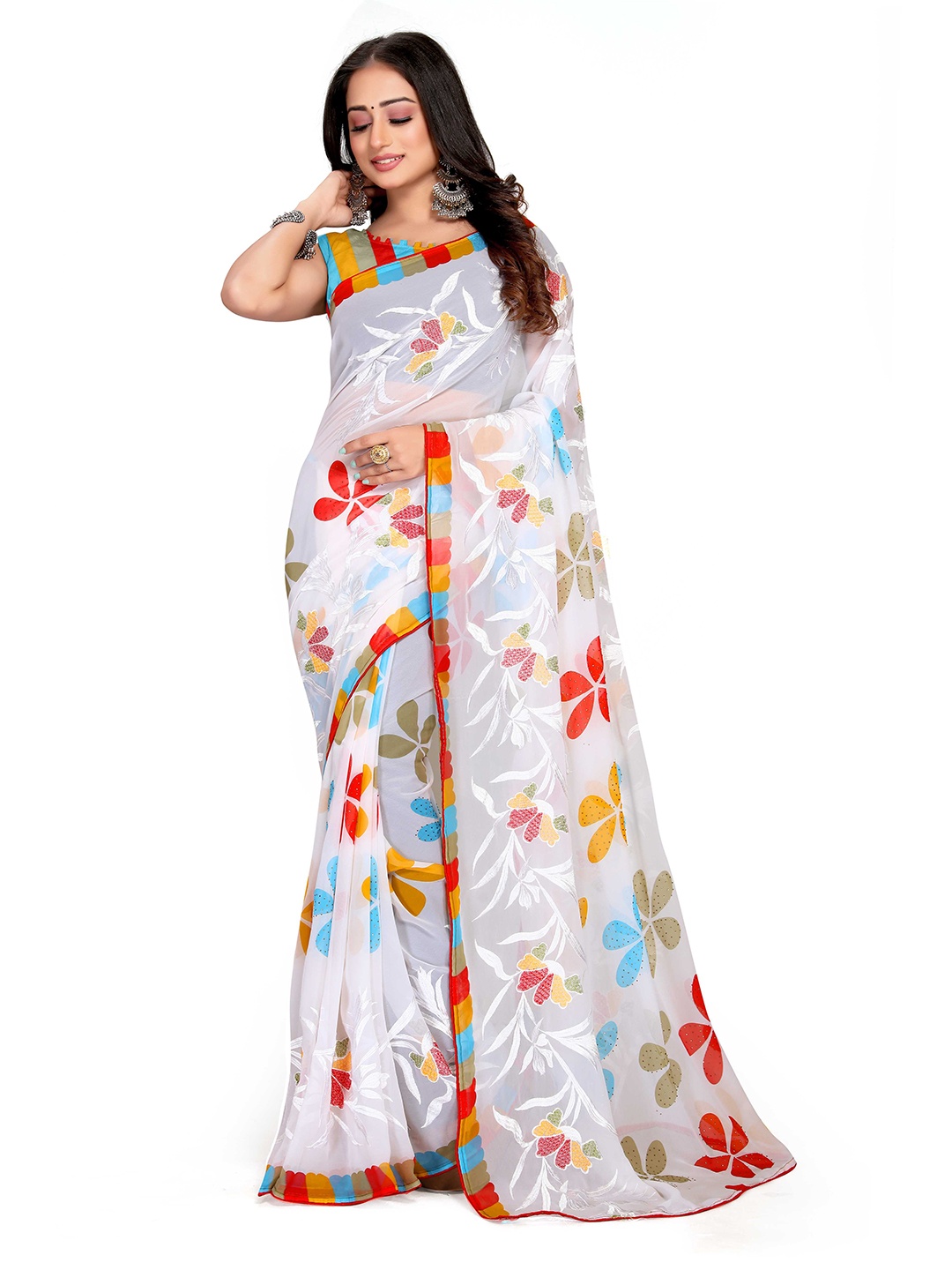 

Mitera White & Red Floral Printed Bagh Saree