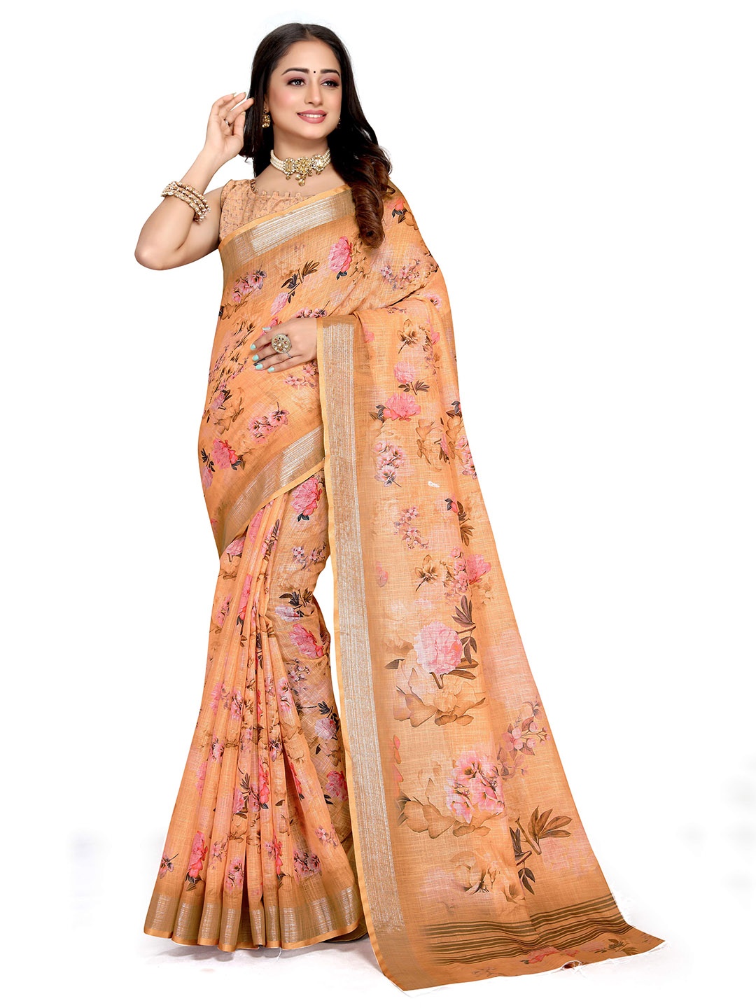 

Mitera Floral Printed Zari Bagh Saree, Orange