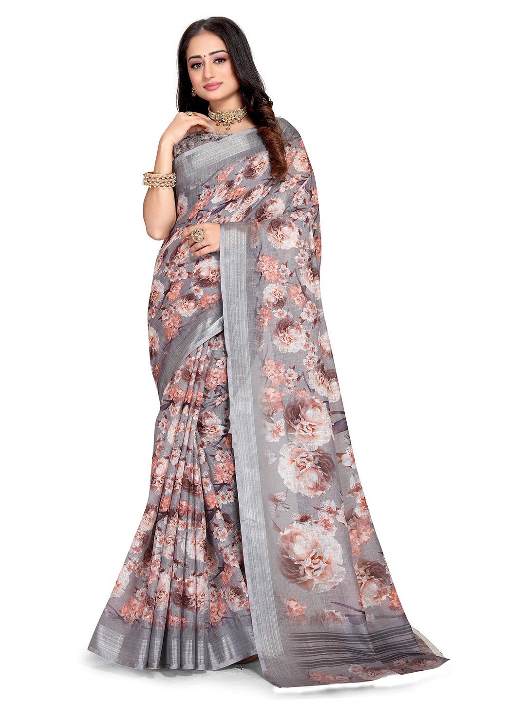 

Mitera Grey & Peach Floral Zari Linen Blend Bagh Saree