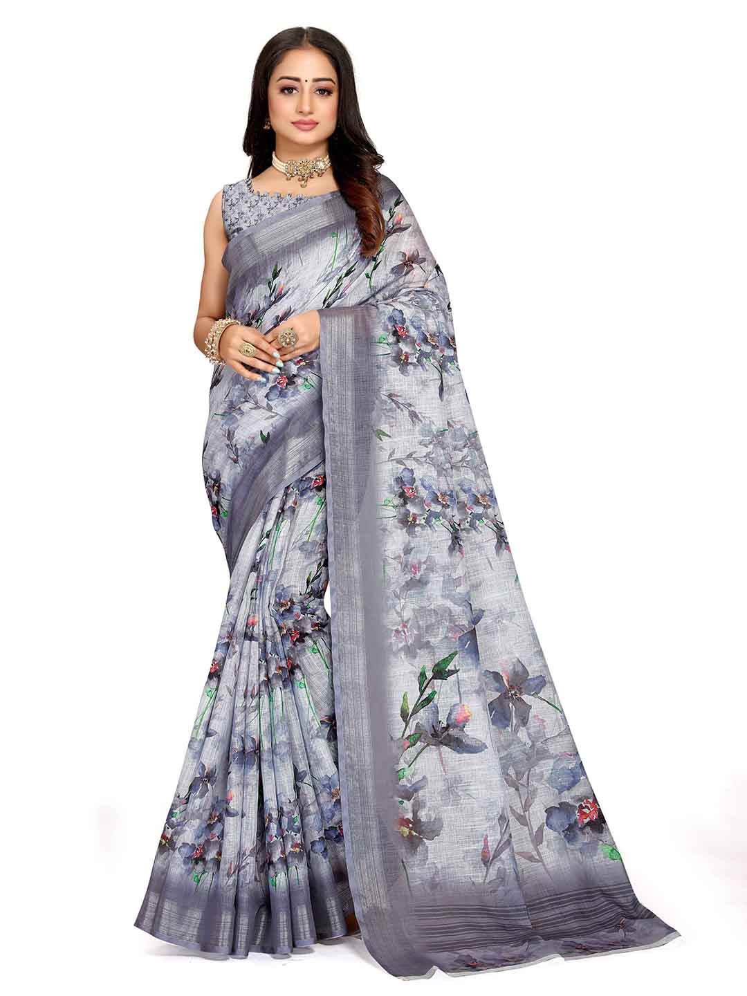 

Mitera Floral Printed Zari Linen Saree, Grey