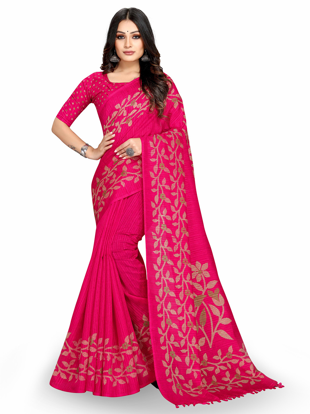 

Mitera Pink & Green Floral Woven Design Bagh Saree