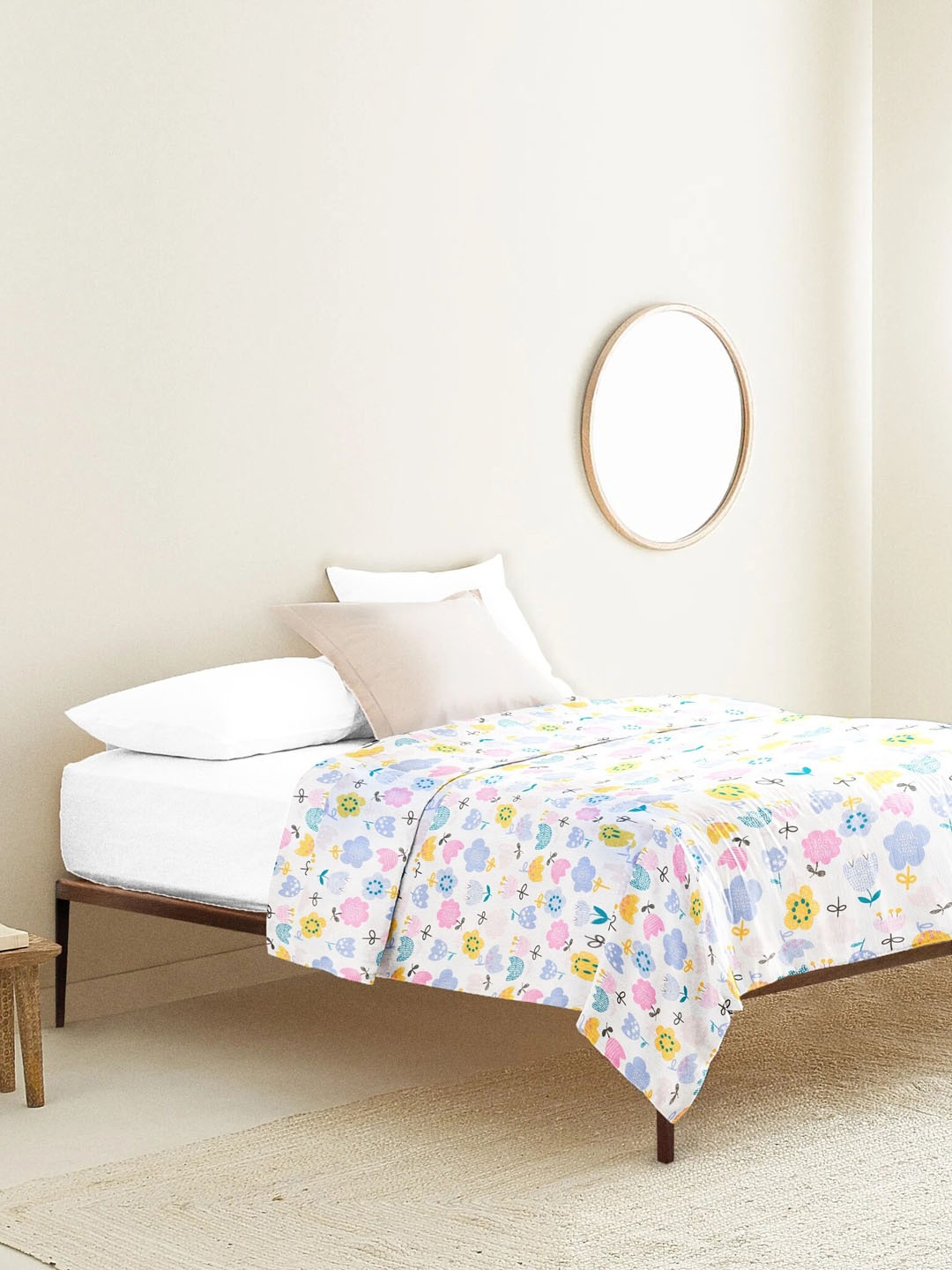 

THE BABY ATELIER Kids White & Pink Floral Printed Pure Organic Cotton Single Bed Cover