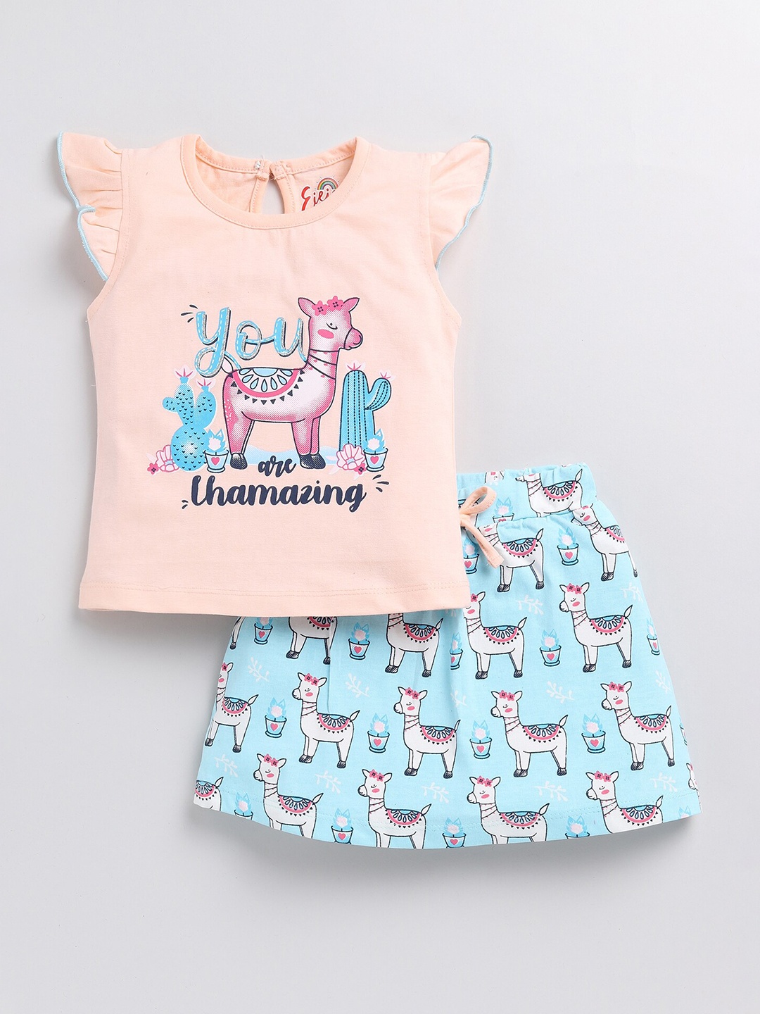 

Eieio Girls Printed Pure Cotton Top with Skirt, Peach