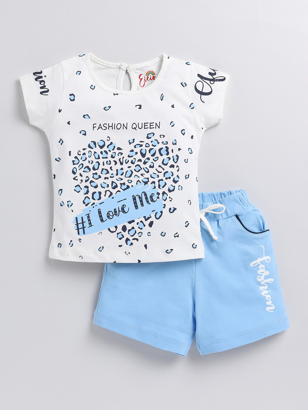 

Eieio Girls Printed Pure Cotton Top with Shorts, White