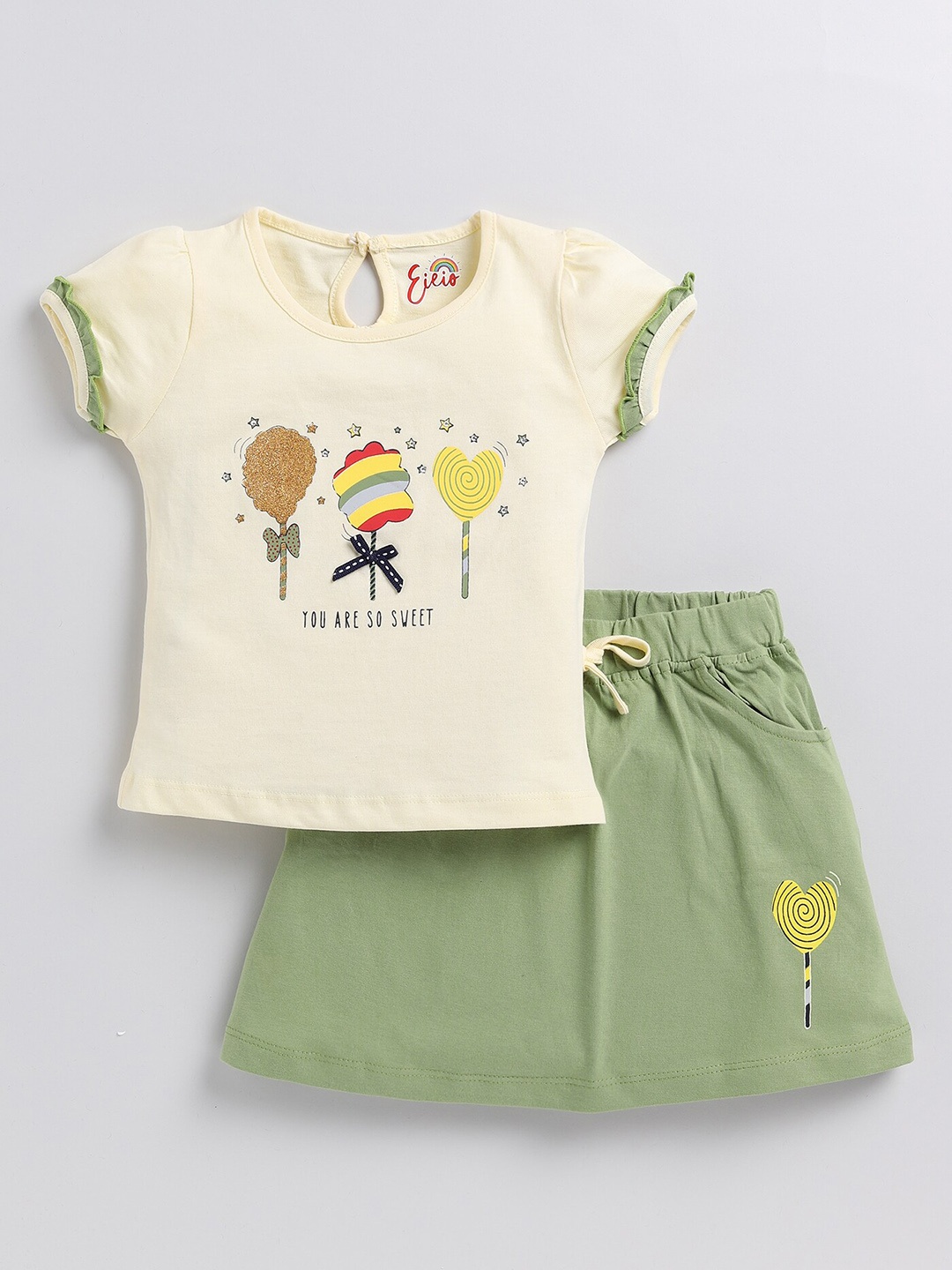 

Eieio Girls Printed Pure Cotton Top With Skirt, Beige