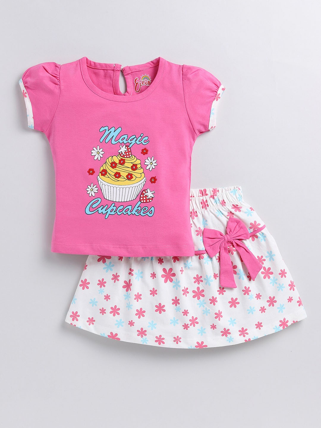 

Eieio Girls Graphic Printed Pure Cotton Top with Skirt, Pink