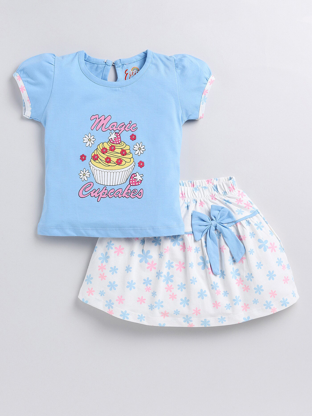 

Eieio Girls Printed Pure Cotton Top With Skirt, Blue
