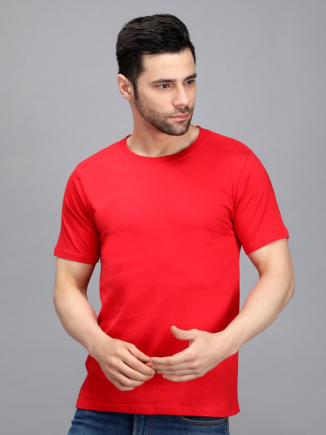 

TRENDY RABBIT Men Round Neck Short Sleeves Cotton T-shirt, Red