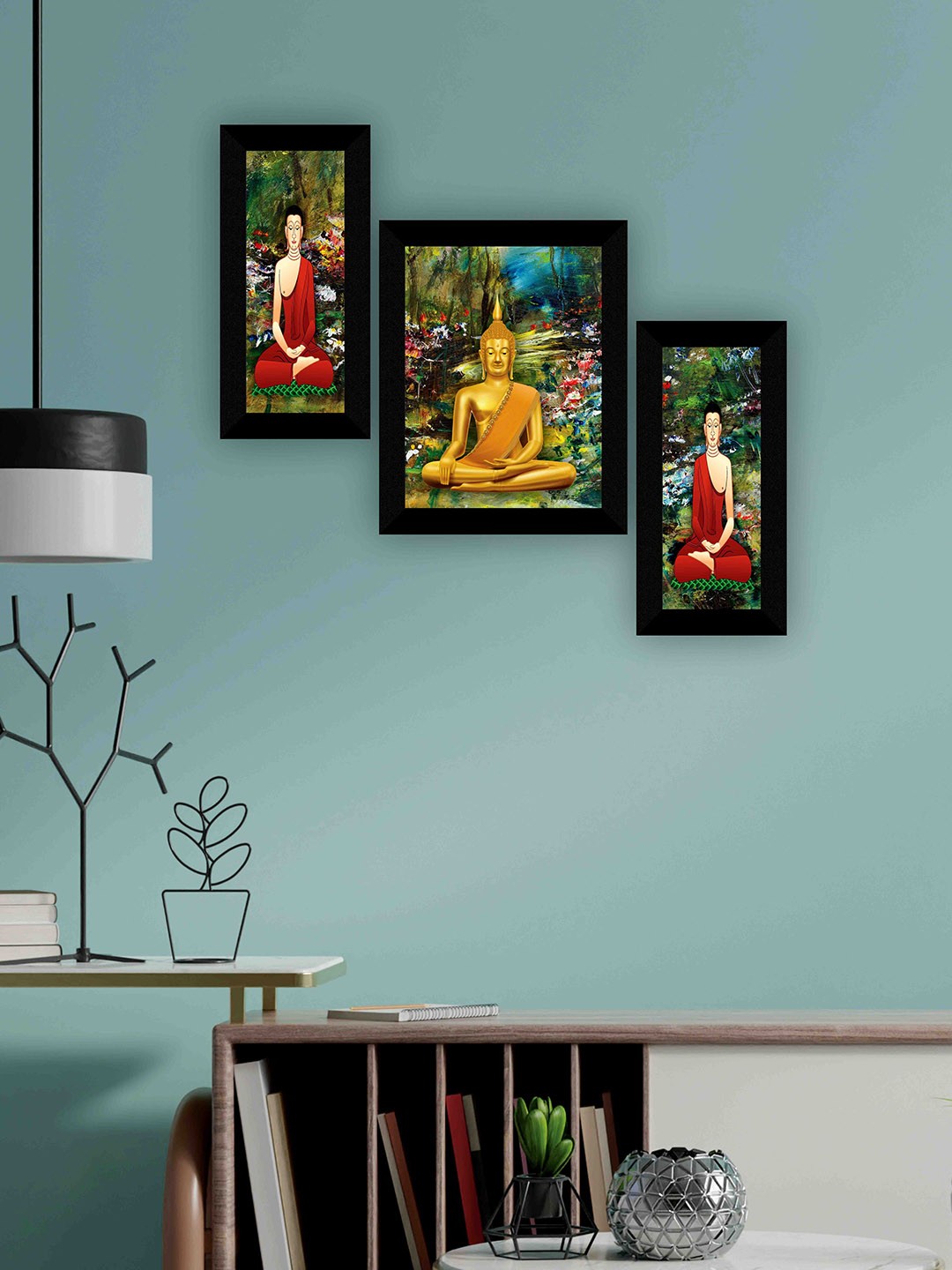 

SAF Green & Red 3 Pieces Buddha Religious Modern Wall Art