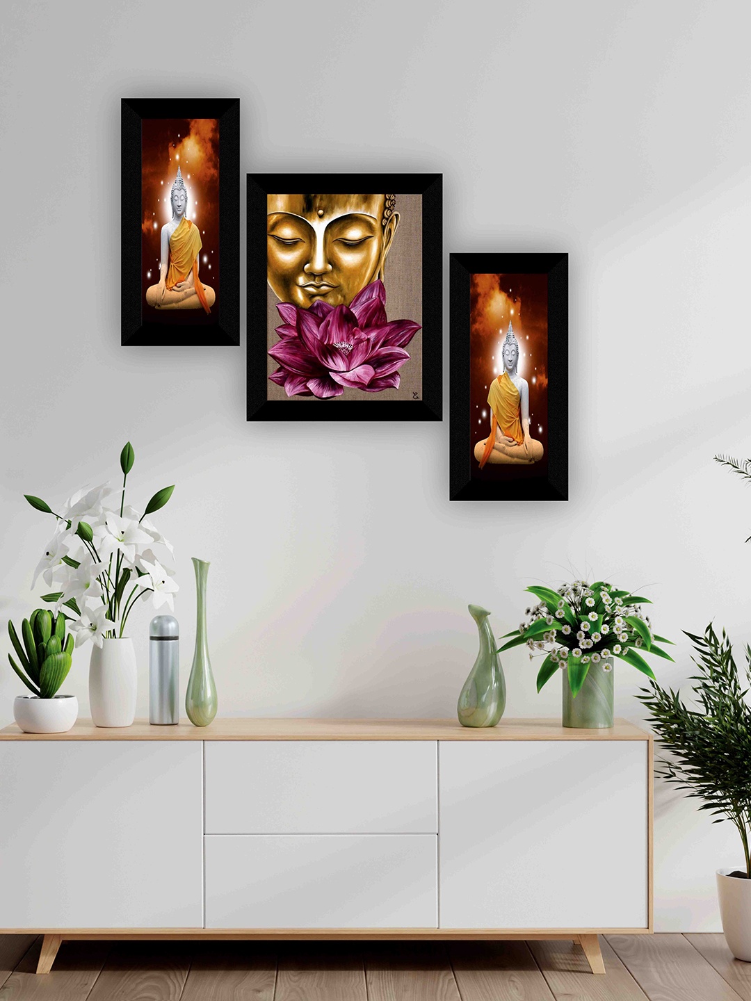 

SAF Black & Orange 3 Pieces Buddha Painting Wall Arts