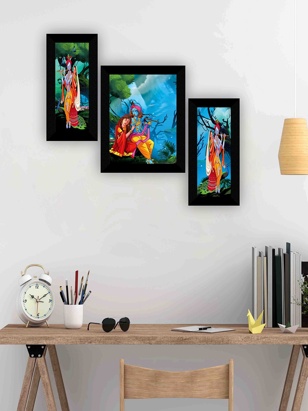 

SAF Blue & Orange 3 Pieces Radha Krishna Painting Wall Arts