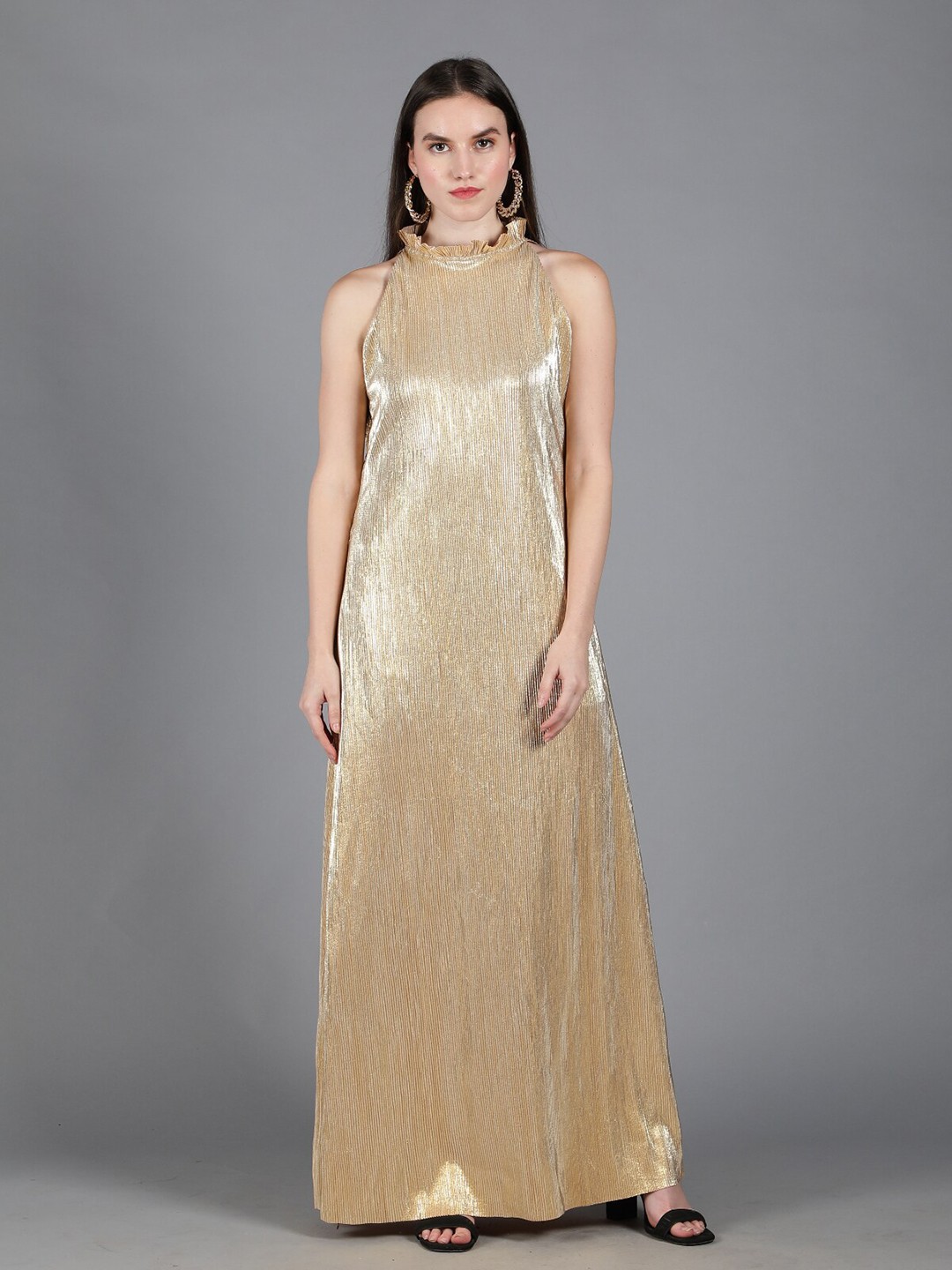 

Svelte Couture High Neck Accordion Pleats Ruffled Satin A-Line Maxi Dress, Gold