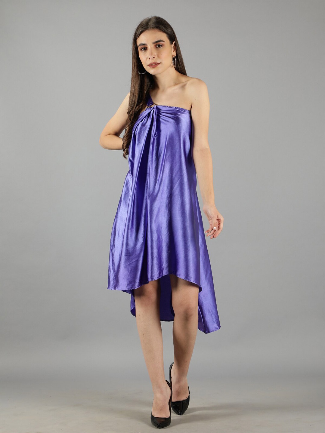 

Svelte Couture One Shoulder Gathered Satin A-Line Dress, Purple