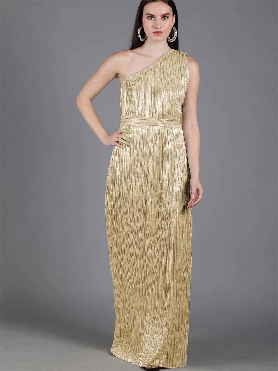 

Svelte Couture Self Design One Shoulder Accordion Pleats Satin A-Line Maxi Dress, Gold