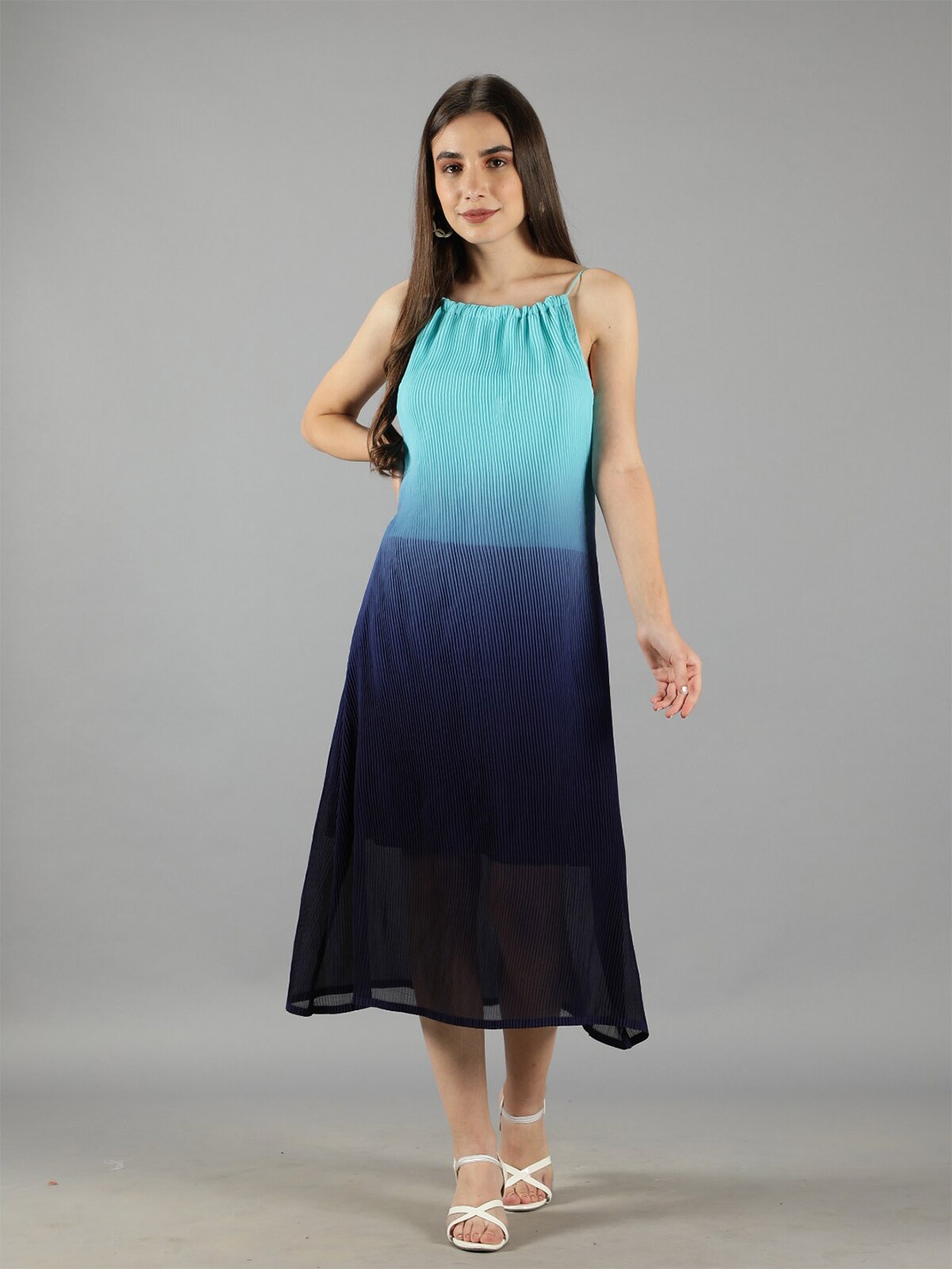 

Svelte Couture Ombre Dyed Accordion Pleats A-Line Midi Dress, Blue