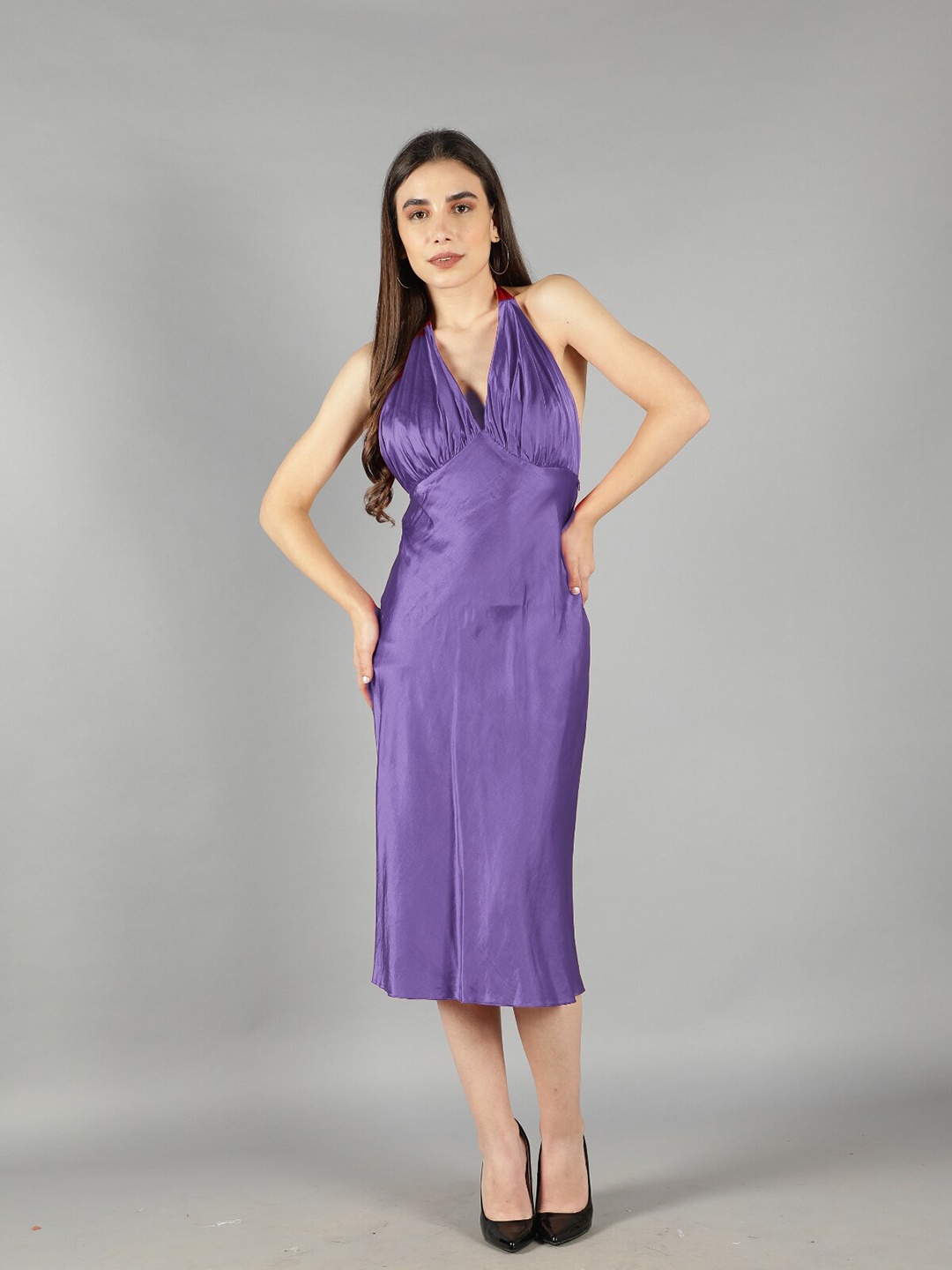 

Svelte Couture Halter Neck Gathered Satin A-Line Midi Dress, Purple