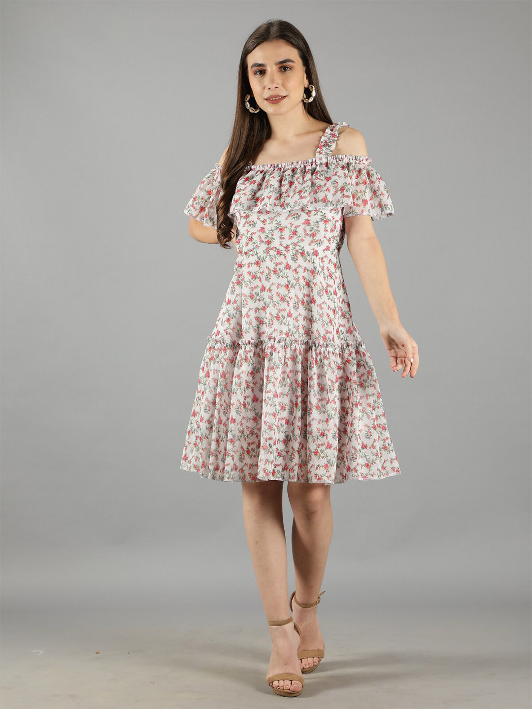

Svelte Couture Floral Printed Cold-Shoulder Ruffled A-Line Dress, White