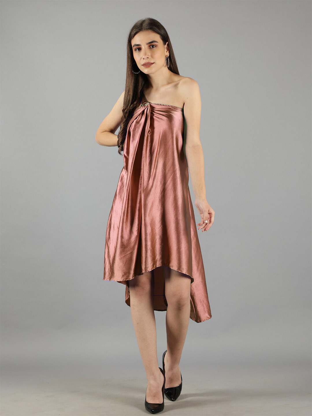 

Svelte Couture One Shoulder Gathered Satin A-Line Dress, Brown