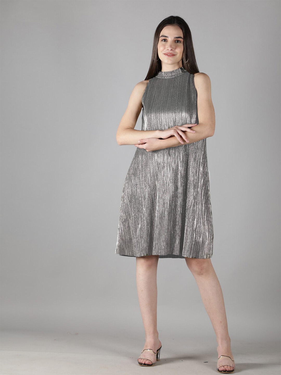 

Svelte Couture Self Design Accordion Pleats A-Line Dress, Silver