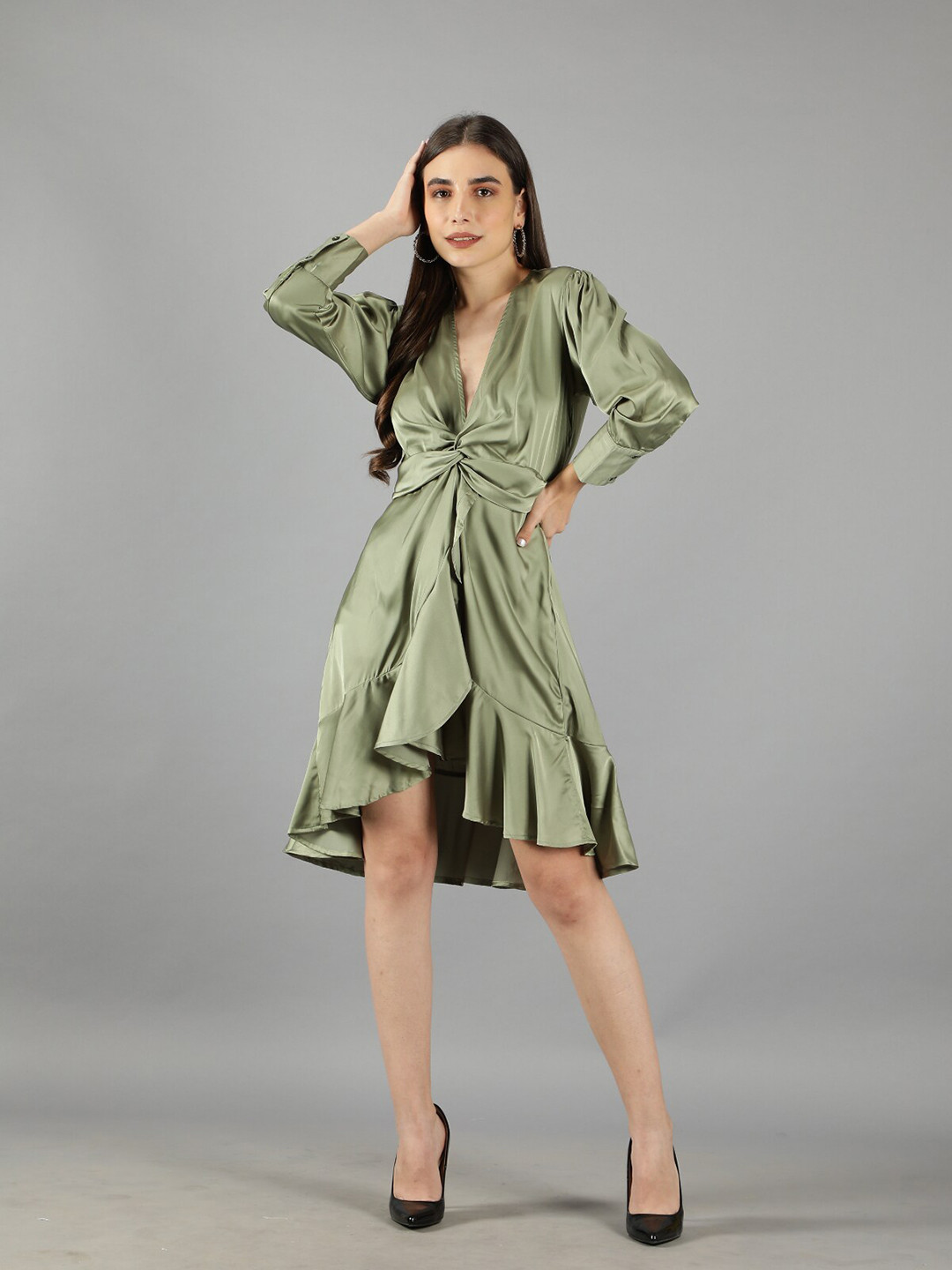 

Svelte Couture V-Neck Ruffled Satin Wrap Dress, Green