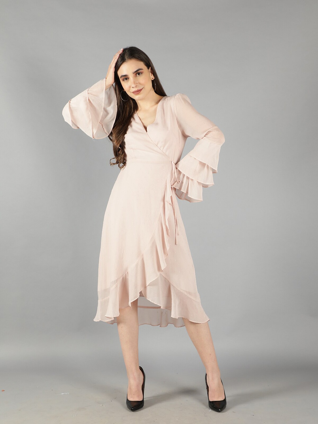 

Svelte Couture Bell Sleeves Ruffles Wrap Midi Dress, Pink
