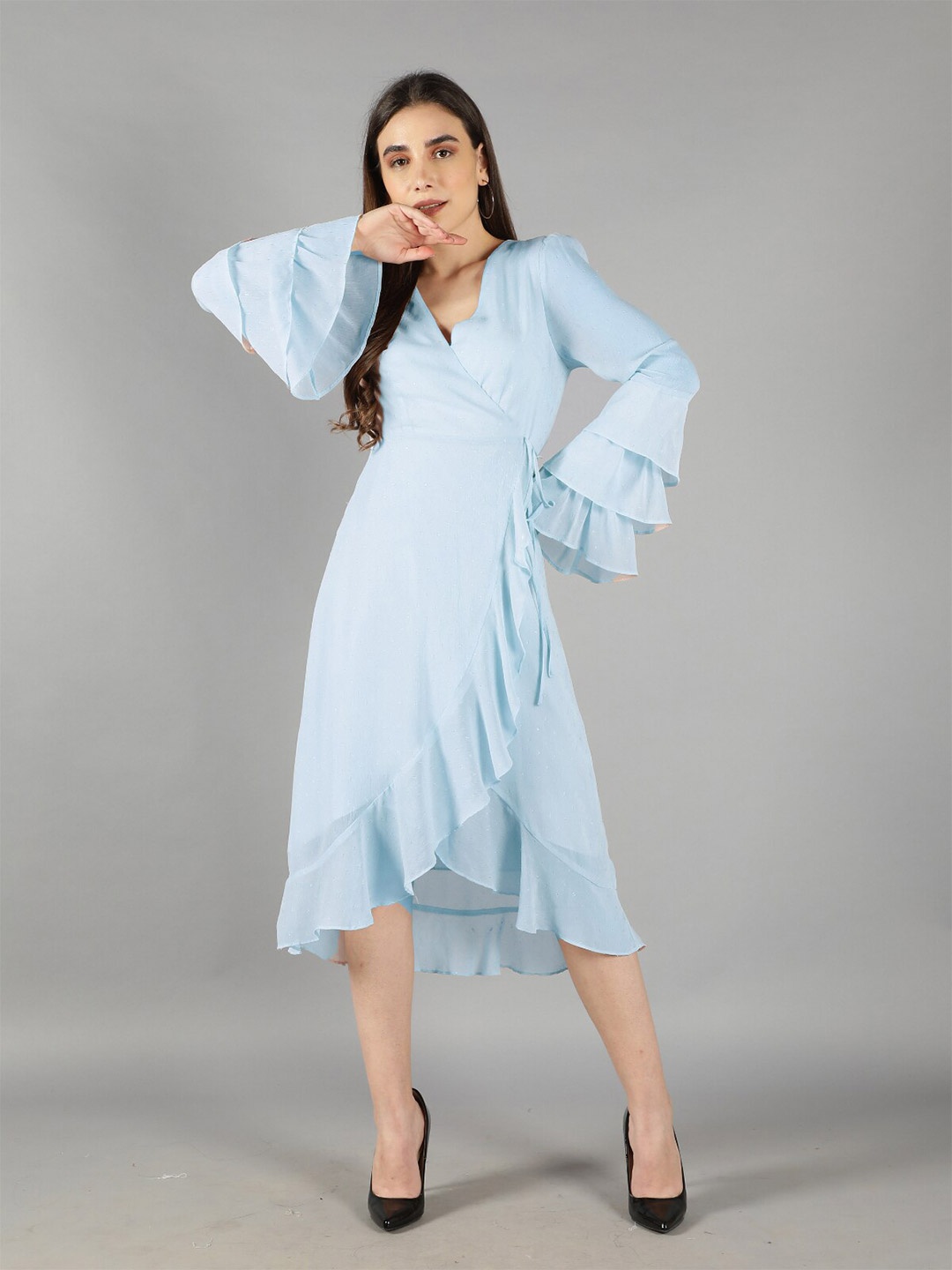 

Svelte Couture Bell Sleeves Ruffles Wrap Midi Dress, Blue
