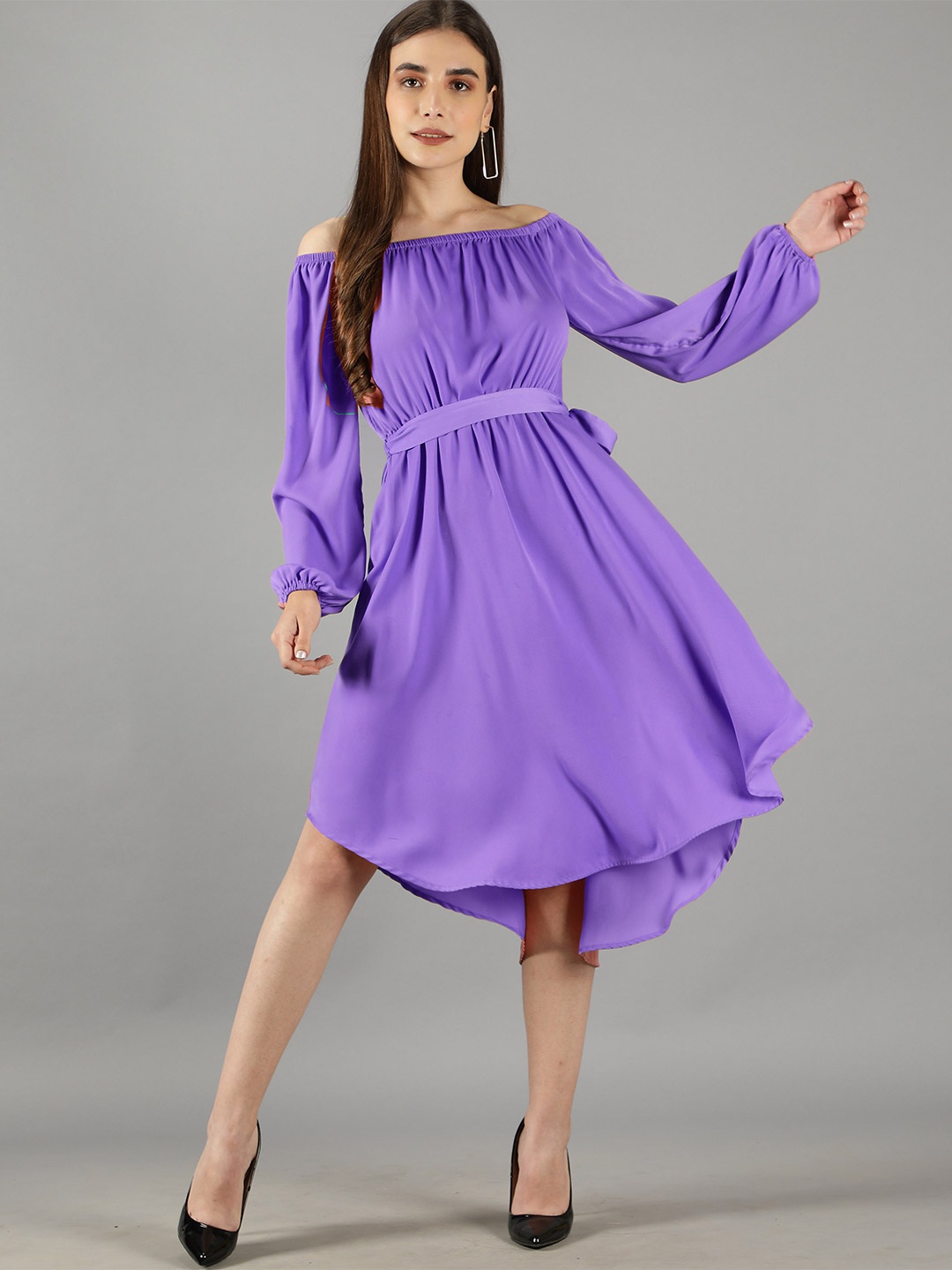 

Svelte Couture Off-Shoulder Gathered Satin Fit & Flare Midi Dress, Purple