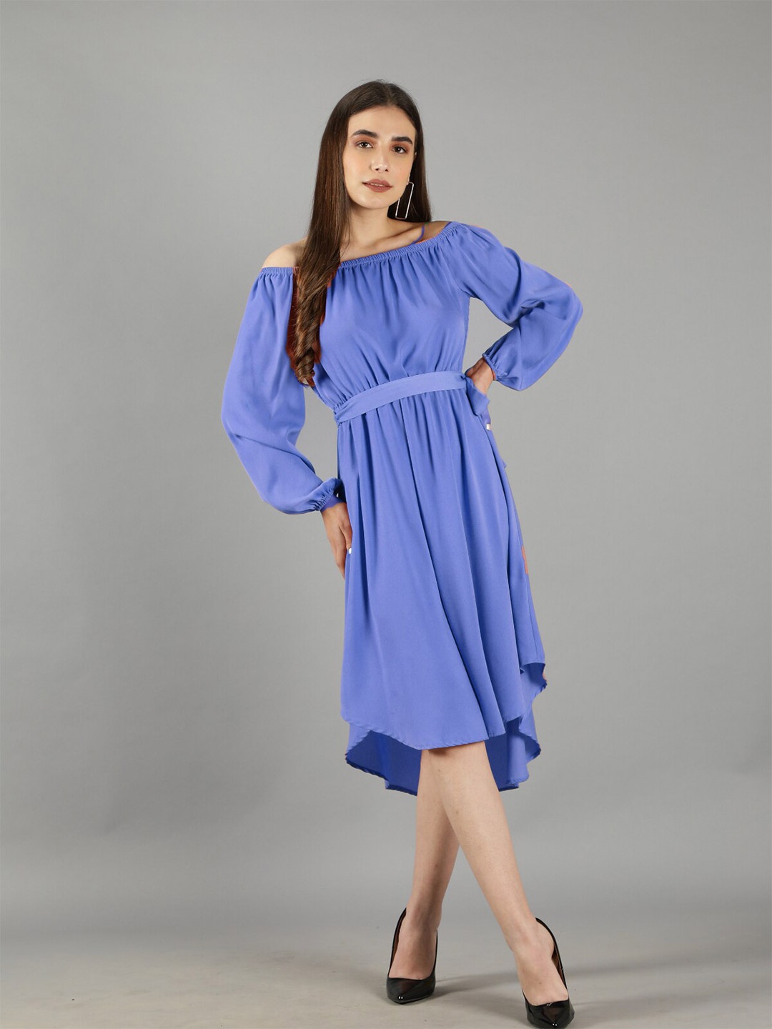 

Svelte Couture Off-Shoulder Gathered Satin Fit & Flare Midi Dress, Blue