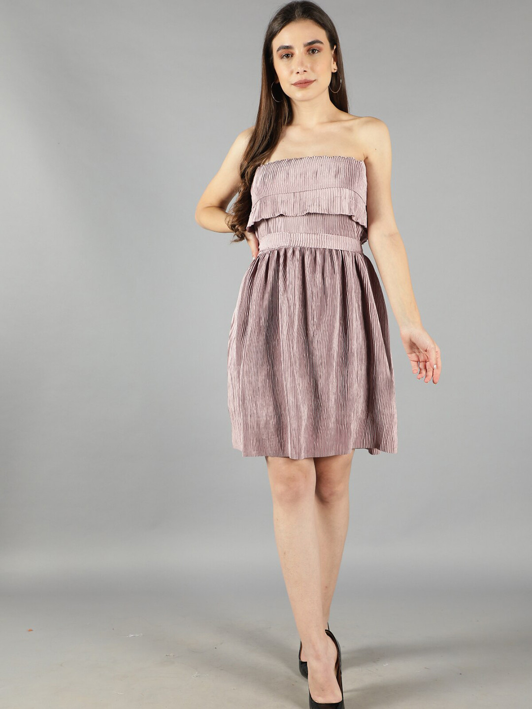 

Svelte Couture Accordion Pleated Off-Shoulder Satin Fit & Flare Dress, Pink