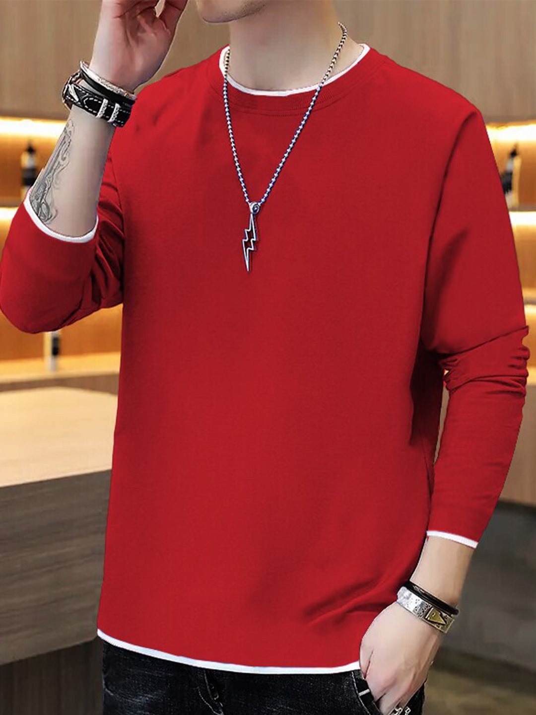 

TRIPR Long Sleeves Round Neck Cotton T-shirt, Red