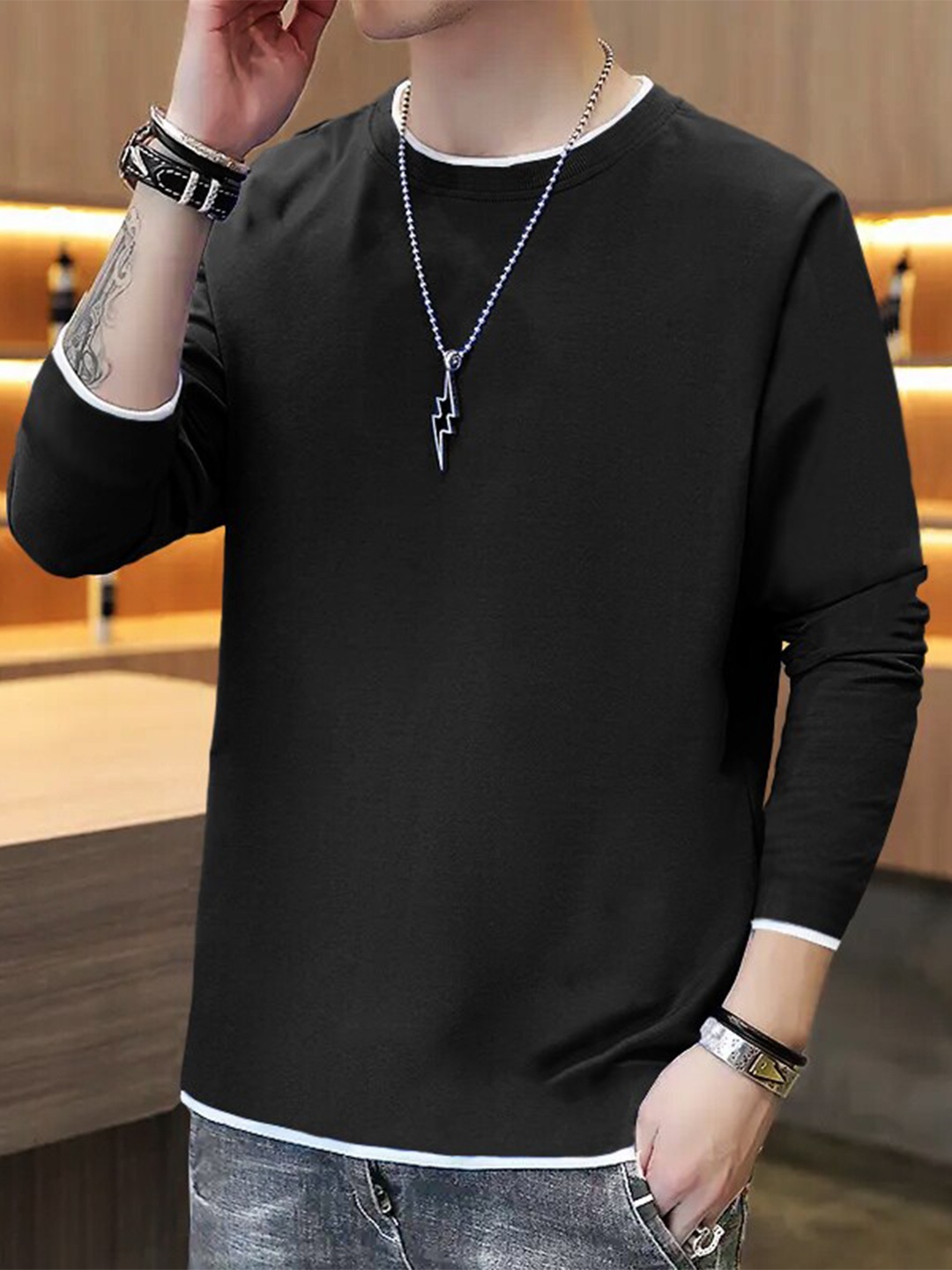

TRIPR Round Neck Long Sleeves Cotton T-shirt, Black
