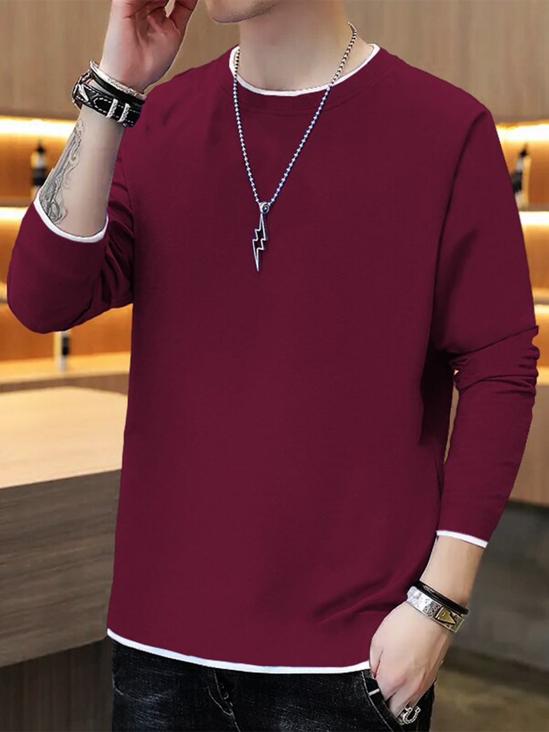 

TRIPR Round Neck Long Sleeves Cotton T-shirt, Maroon