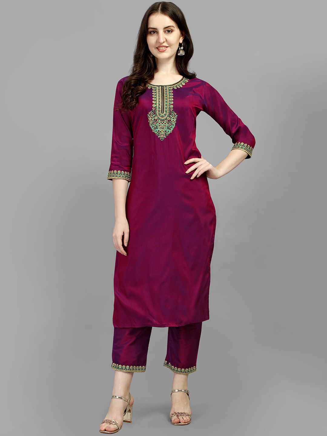 

Shree Ramkrishna Fab Floral Yoke Design Kurta with Trousers, Purple
