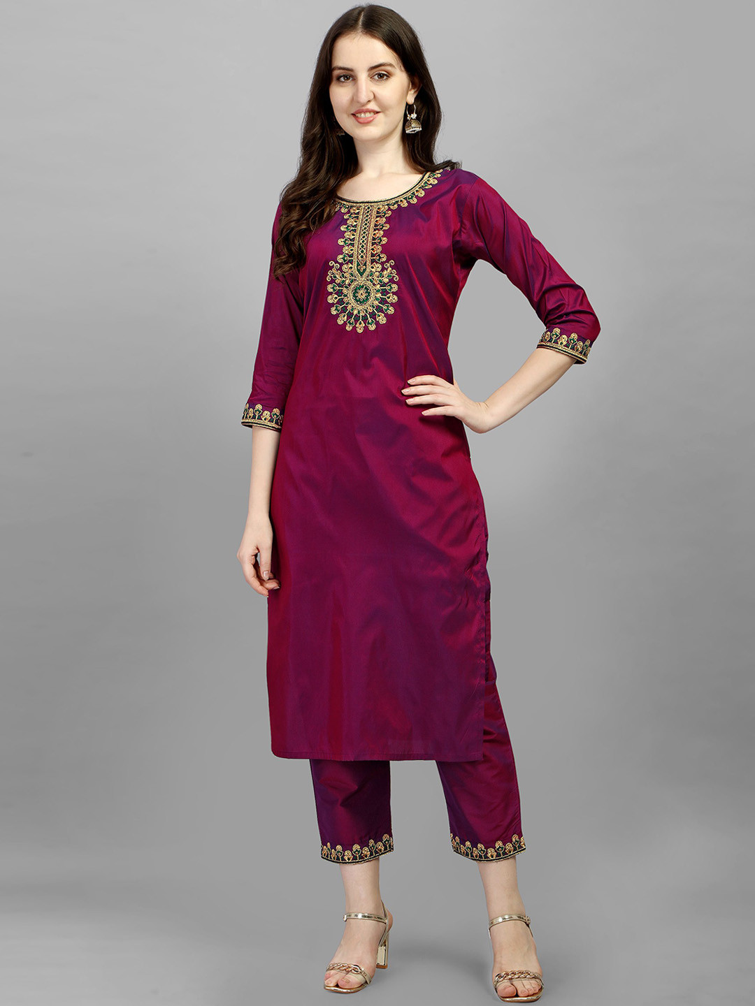 

Shree Ramkrishna Fab Floral Embroidered Kurta with Trousers, Purple