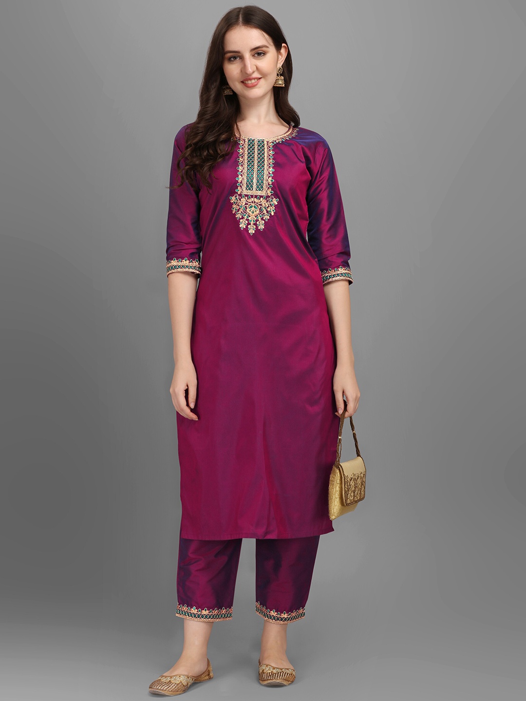 

Shree Ramkrishna Fab Floral Embroidered Kurta with Trousers, Purple
