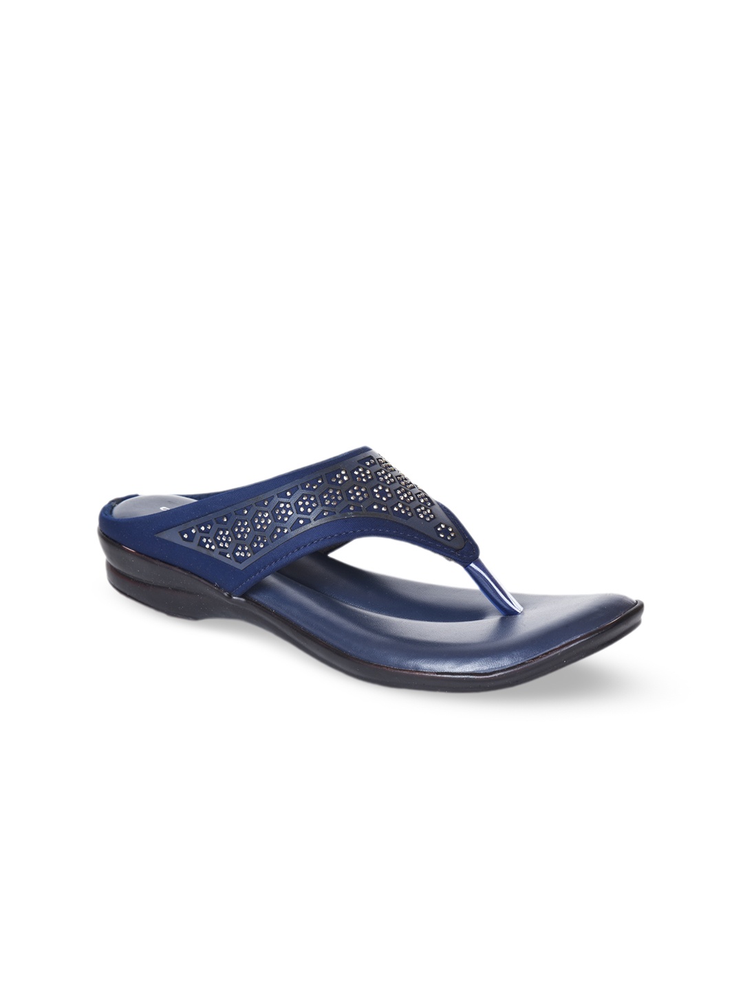 

Ajanta Women Embellished Fabric Open Toe Flats With Laser Cuts, Navy blue