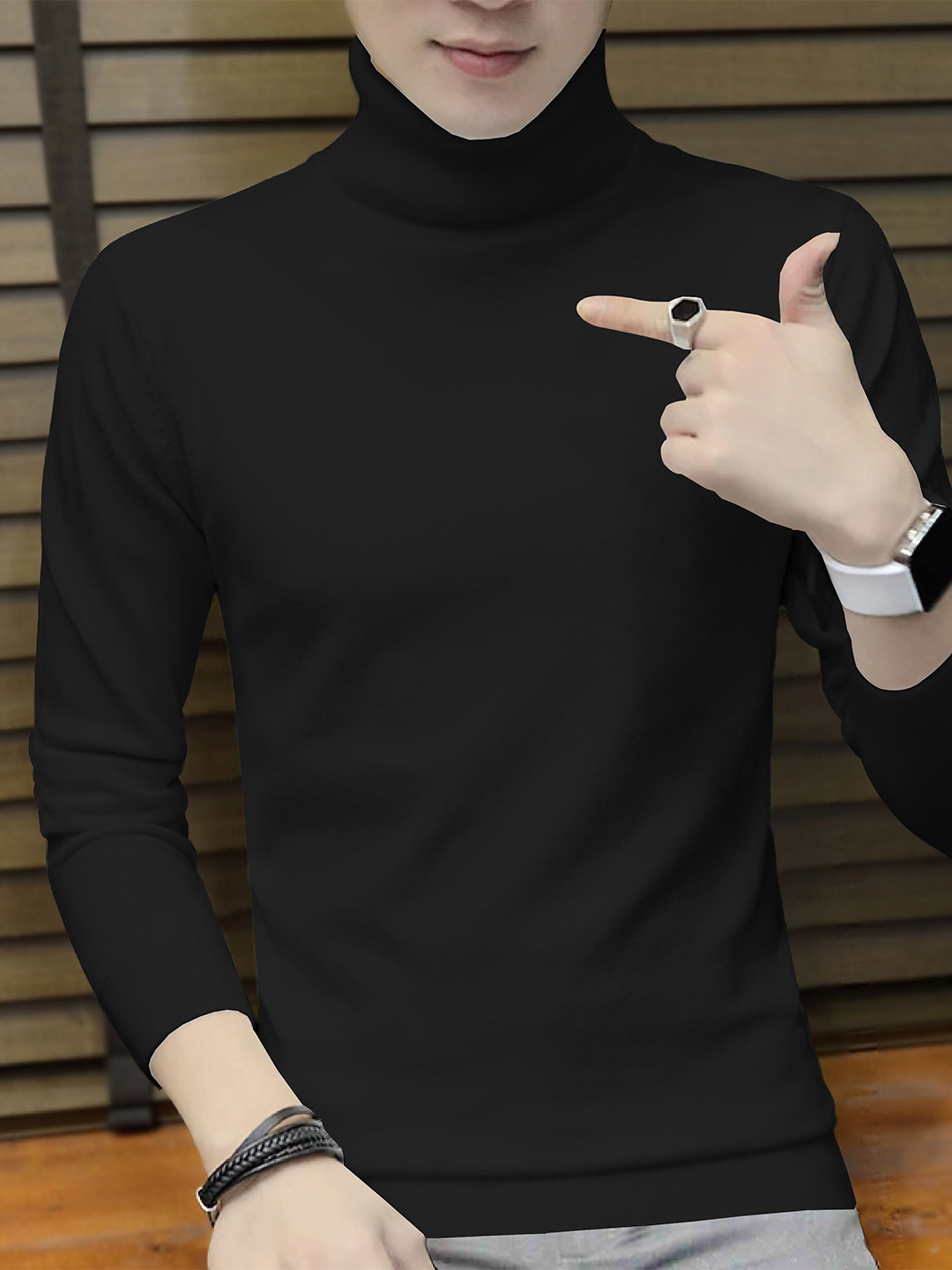 

BLIVE Turtle Neck Long Sleeves Cotton T-shirt, Black