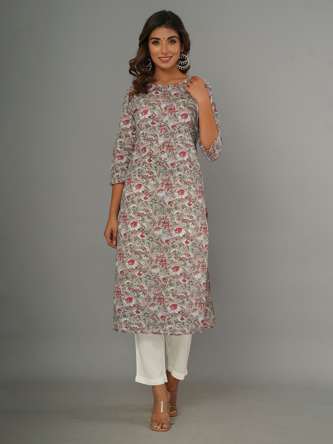 

CRAFTED FOR YOU Floral Printed Pure Cotton Kurta, Grey