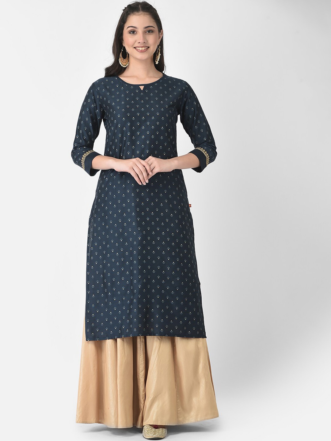 

Span Ethnic Motifs Printed Keyhole Neck Kurta, Blue