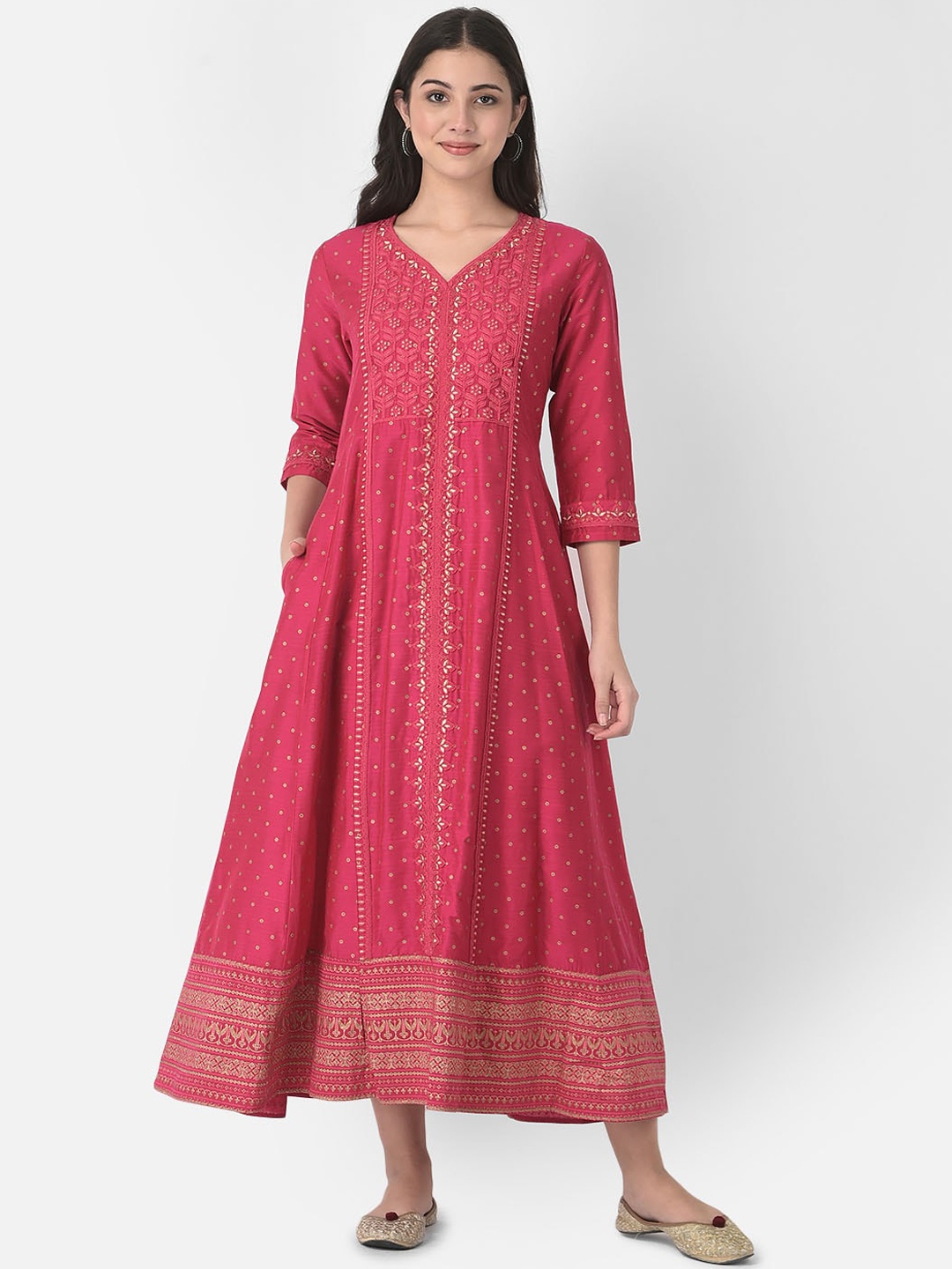 

Span Ethnic Motifs Printed Embroidered A-Line Ethnic Dress, Pink