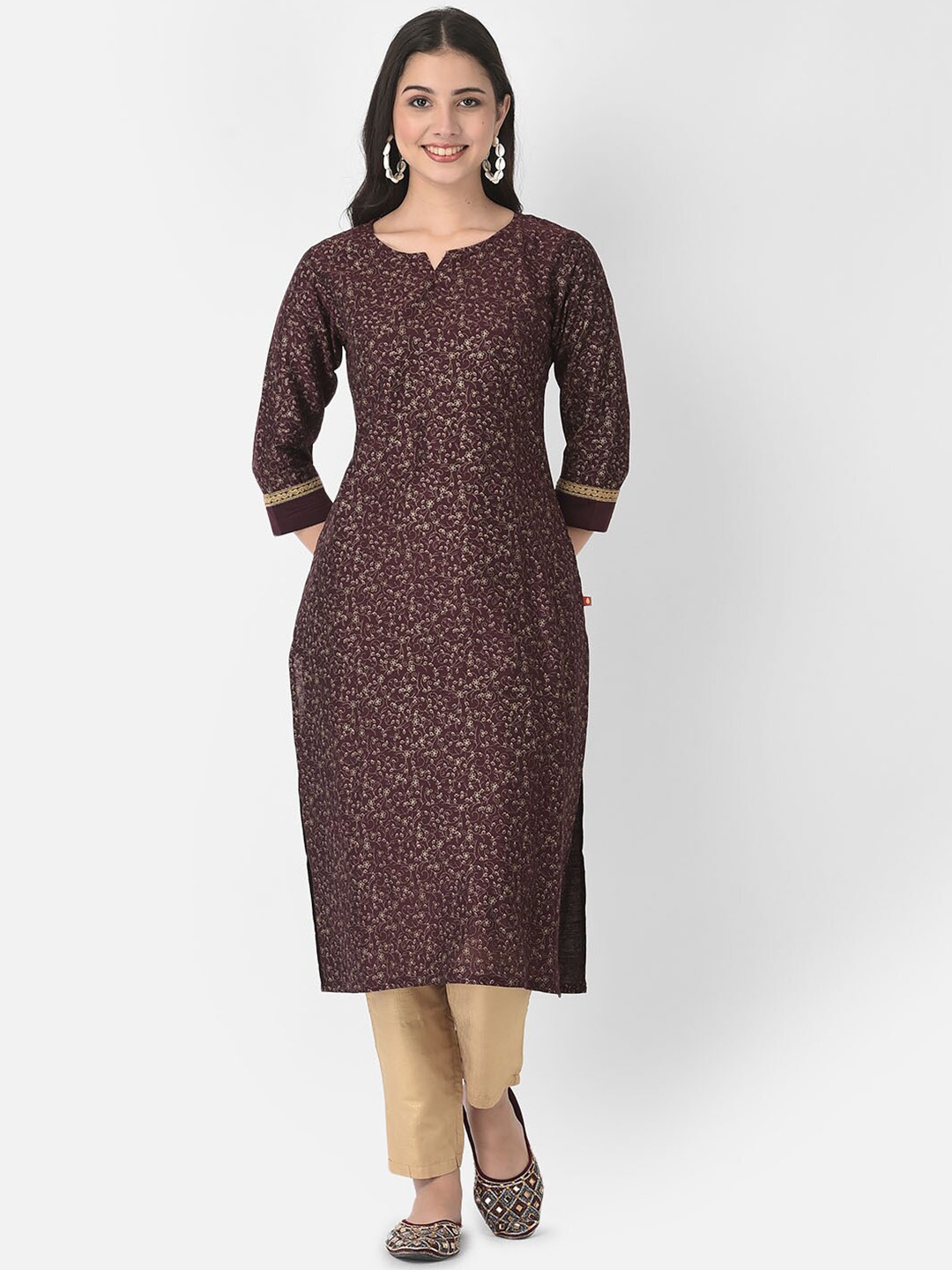 

Span Floral Printed Notched Neck Pure Cotton Kurta, Burgundy