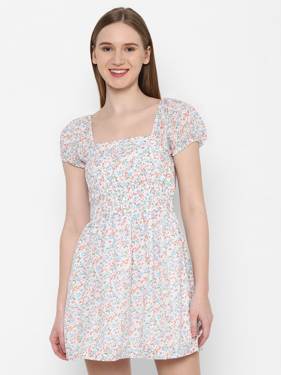 

AMERICAN EAGLE OUTFITTERS Floral Print Puff Sleeve Fit & Flare Dress, White