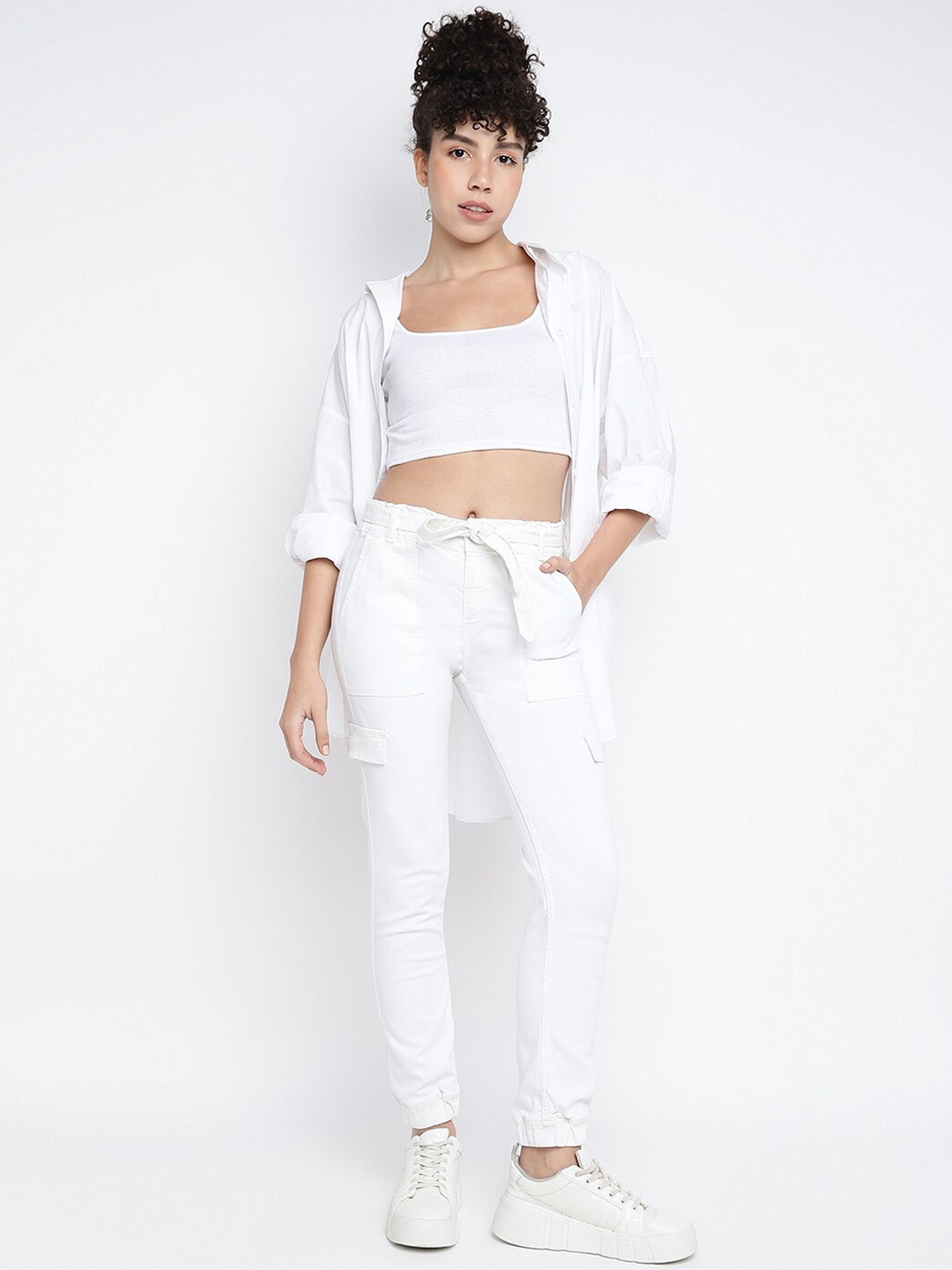 

TALES & STORIES Women High-Rise Joggers Trousers With Belt, White