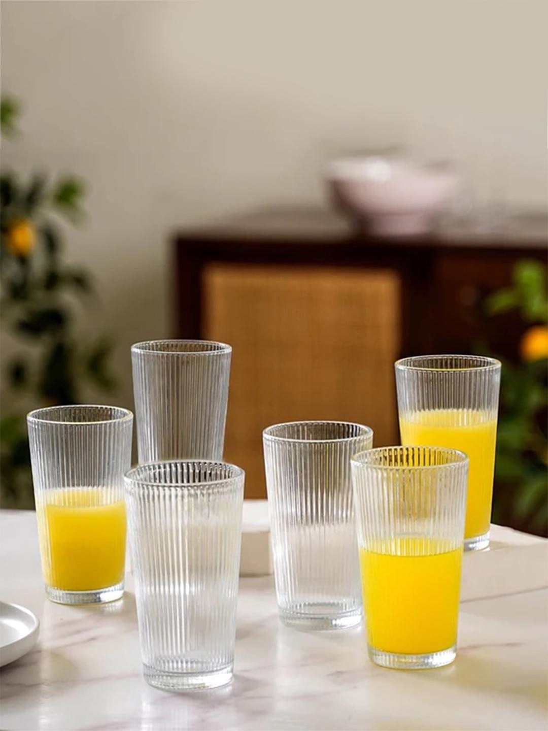 

Nestasia Transparent 6 Pieces Ribbed Fluted Tall Juice Glass Tumblers - 350 ml Each